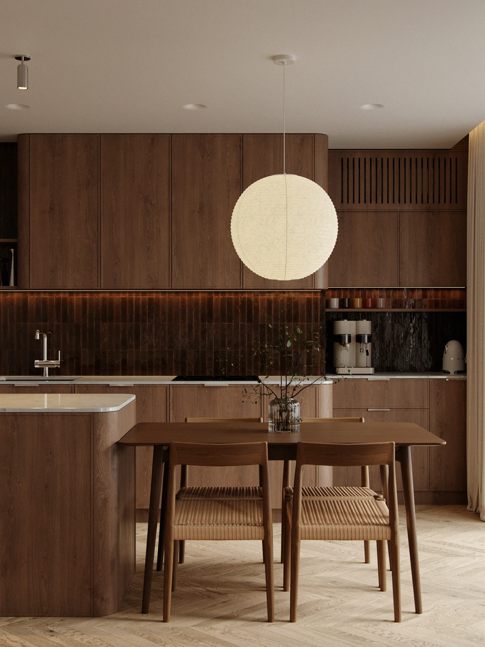 Bartu apartment hallway with an arched opening onto the kitchen, chevron oak parquet and full-height wooden wardrobes