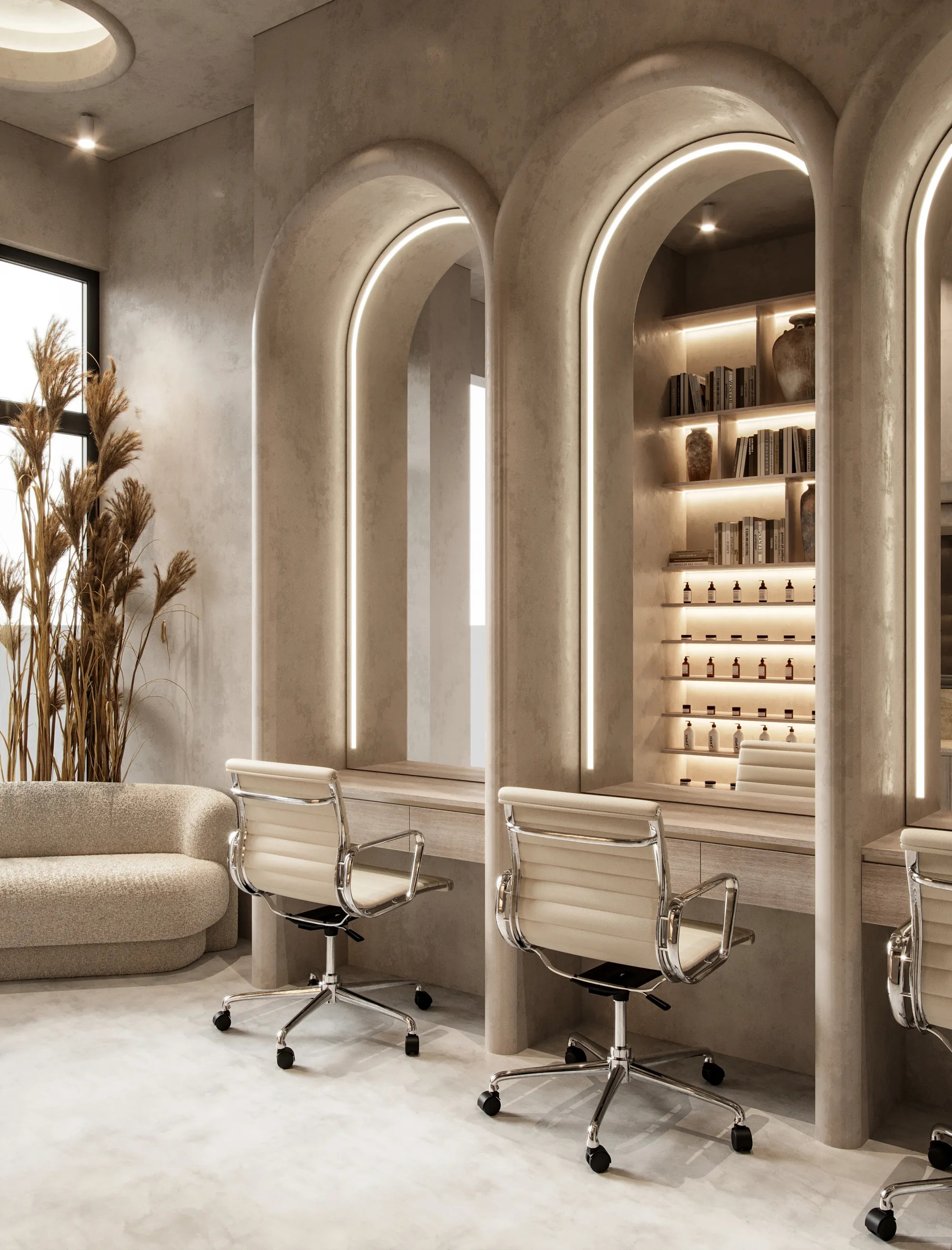 Commercial interior by Ishoro — a beauty salon with arched, backlit styling stations in warm microcement
