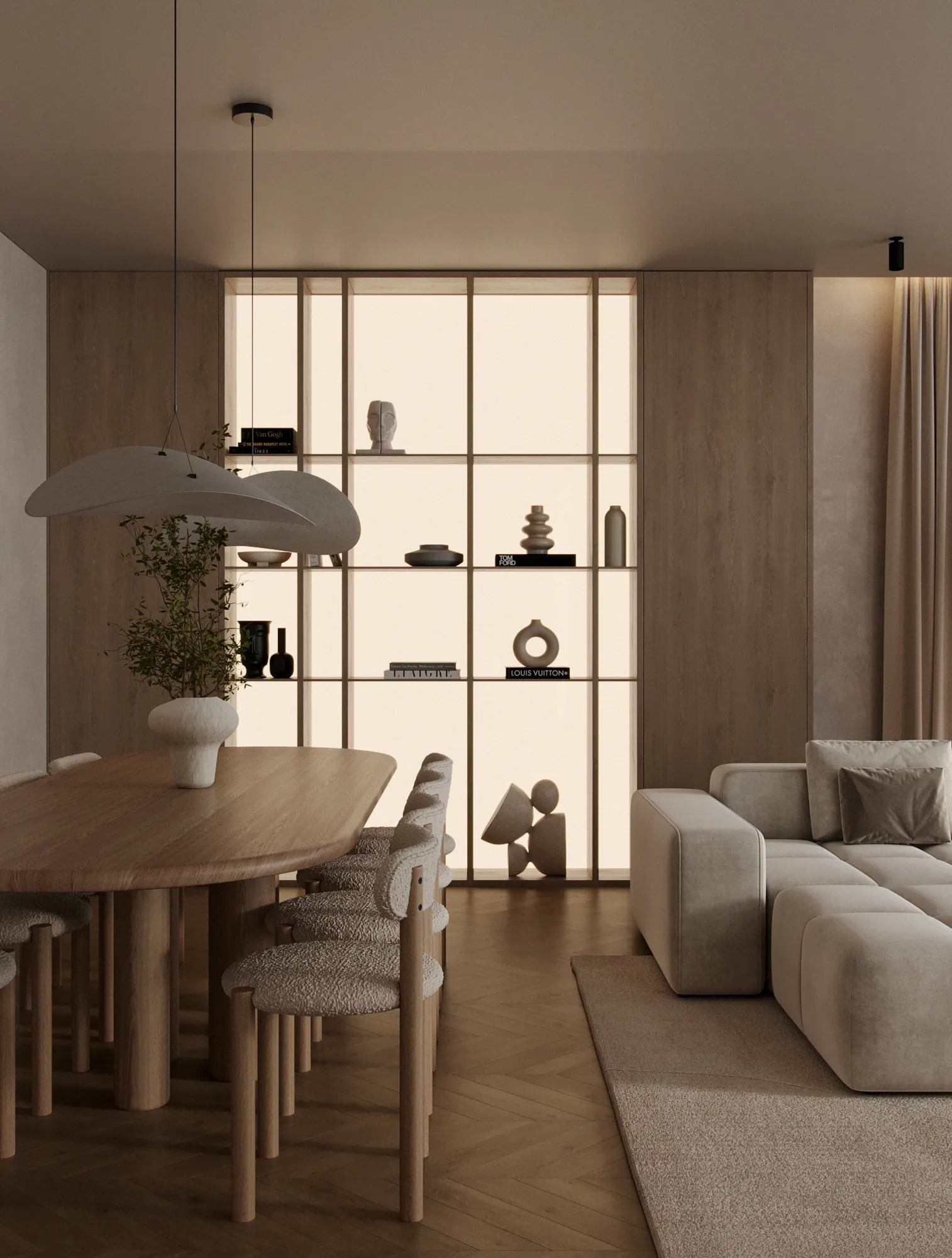 Calma bedroom with a textured stone feature wall, wood-panelled wardrobes and linen pendant lights over a low upholstered bed