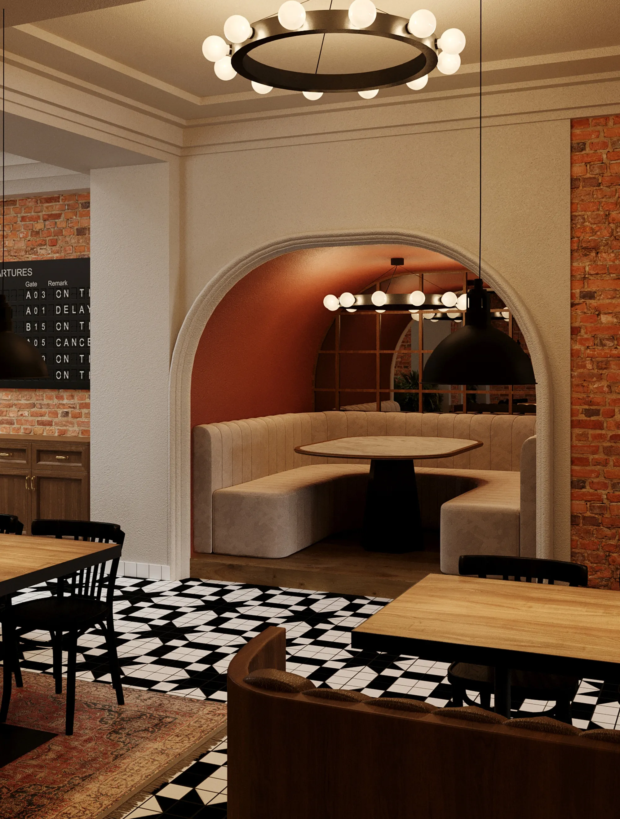 Grill London restaurant in Klaipėda by Ishoro — an arched booth with channel-tufted seating under a brass ring chandelier