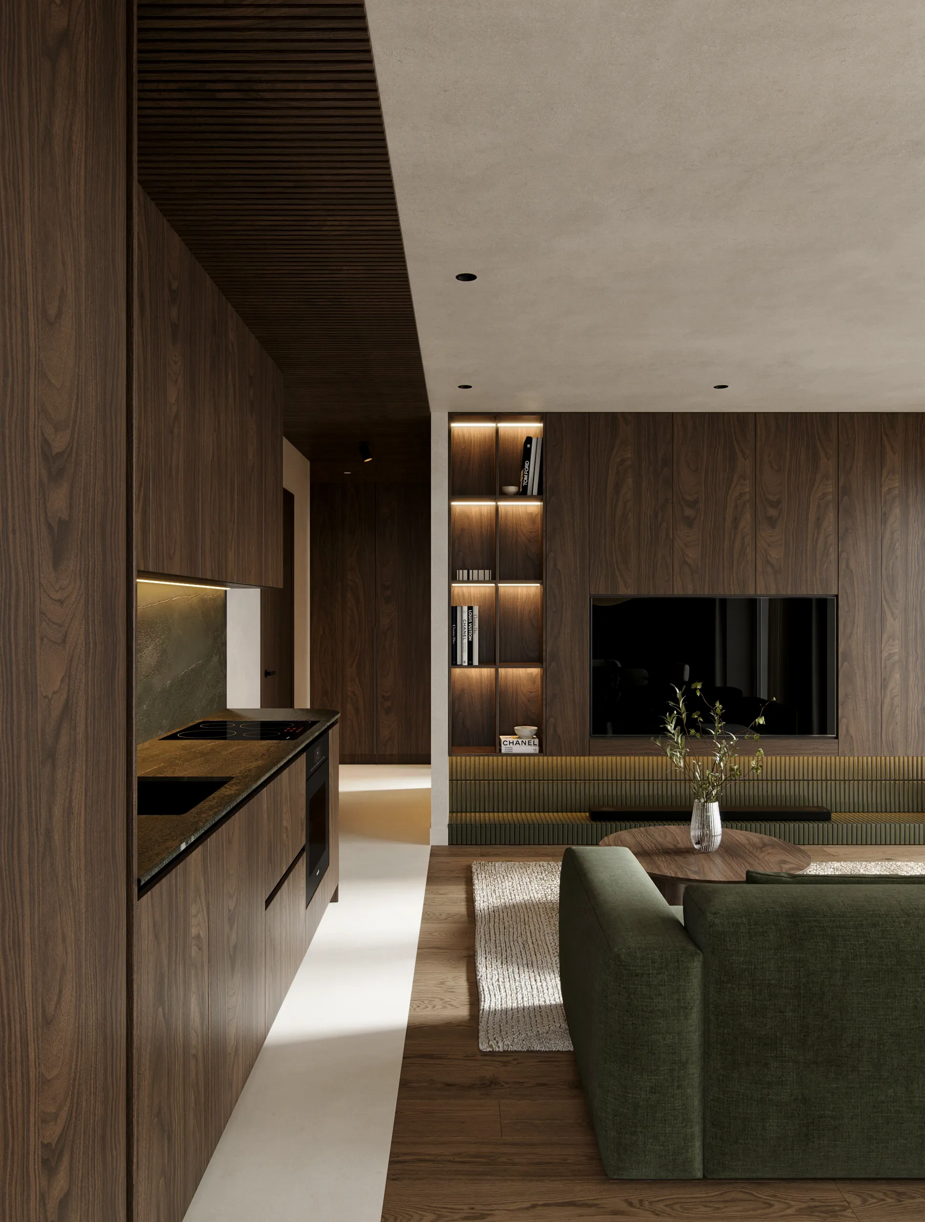 Raude apartment interior by Ishoro in Kaunas, Lithuania — walnut joinery and warm minimalism