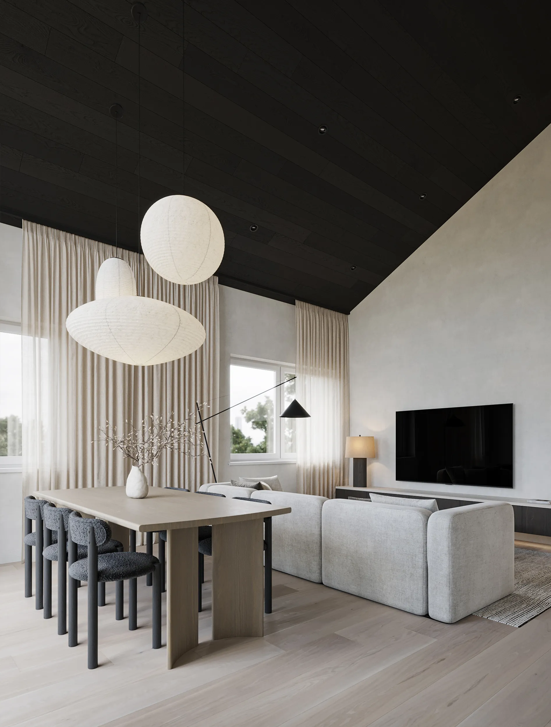 Slope home interior by Ishoro in Kaunas, Lithuania — sloped ceilings, dark wood and natural stone