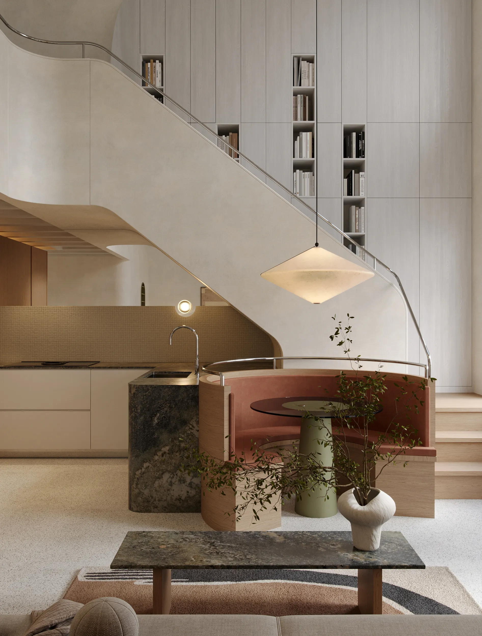 Tofino apartment entrance with a curved olive-green joinery volume and terrazzo flooring