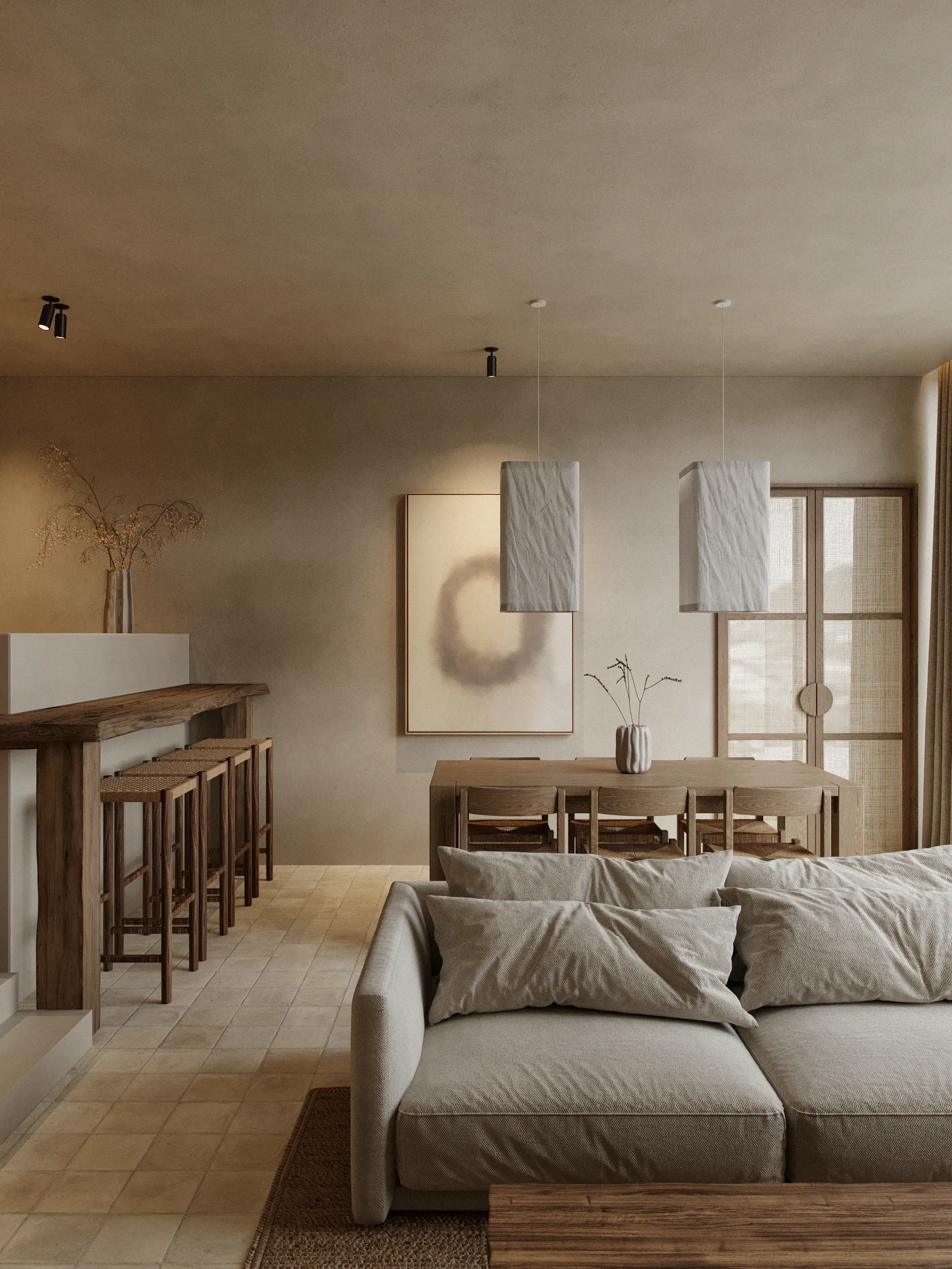 Ziob kitchen and dining space with walnut cabinetry, cane-fronted wall units and woven-seat bar stools